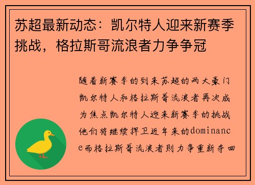苏超最新动态：凯尔特人迎来新赛季挑战，格拉斯哥流浪者力争争冠