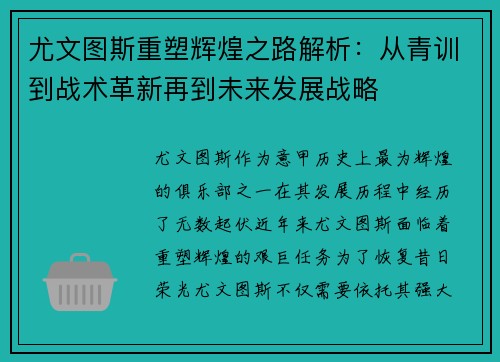 尤文图斯重塑辉煌之路解析：从青训到战术革新再到未来发展战略