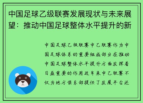 中国足球乙级联赛发展现状与未来展望：推动中国足球整体水平提升的新动力