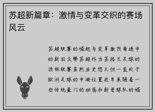苏超新篇章：激情与变革交织的赛场风云