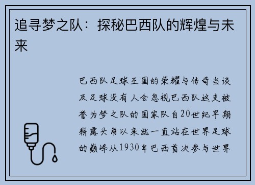 追寻梦之队：探秘巴西队的辉煌与未来