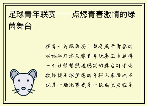 足球青年联赛——点燃青春激情的绿茵舞台